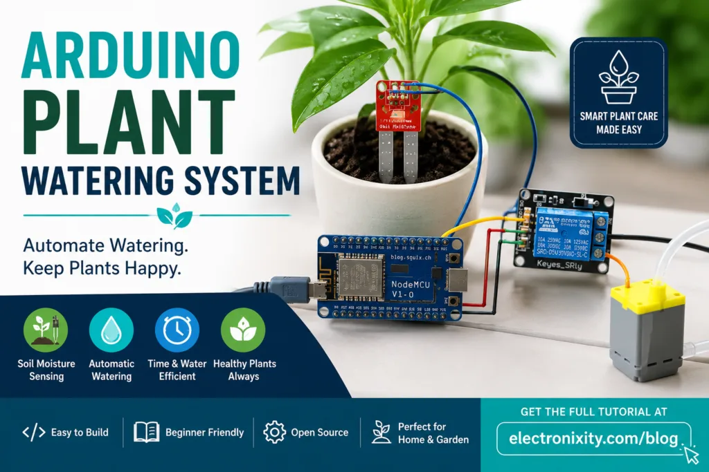 Arduino wired to a soil moisture probe, a relay module and a small water pump beside a potted plant